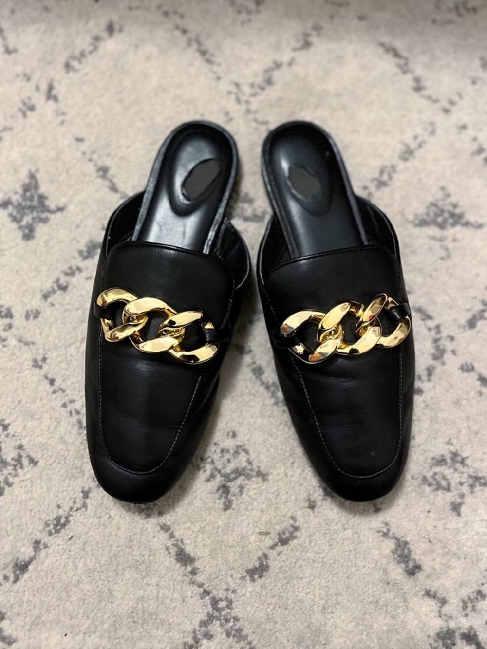 Black Leather Gold-Accent Slip-On Mules